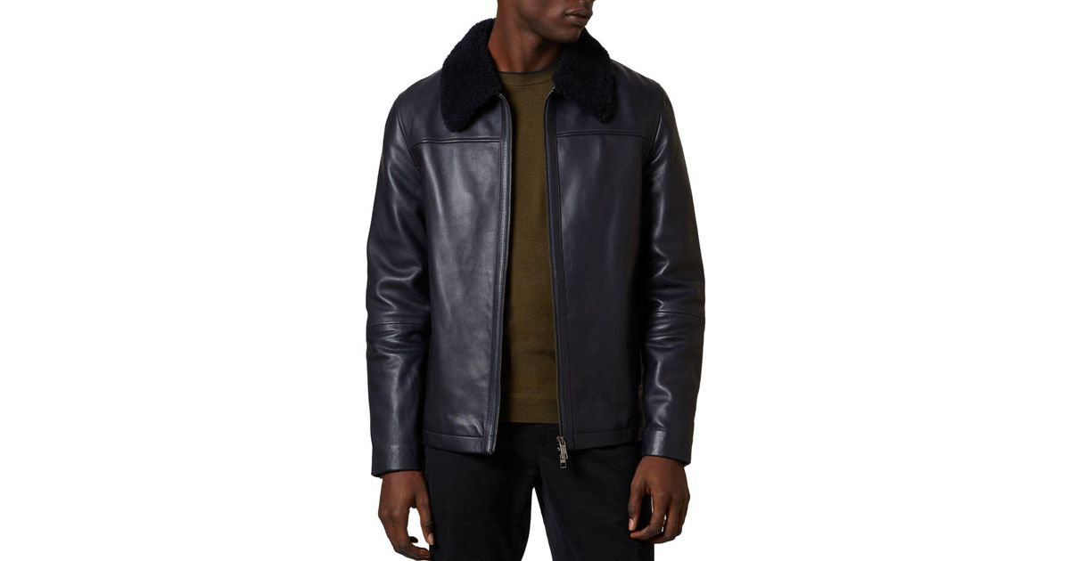 Ted Baker Leather Jacket With Shearling Trim In Navy Blue For Leather Jacket With Shearling Trim
