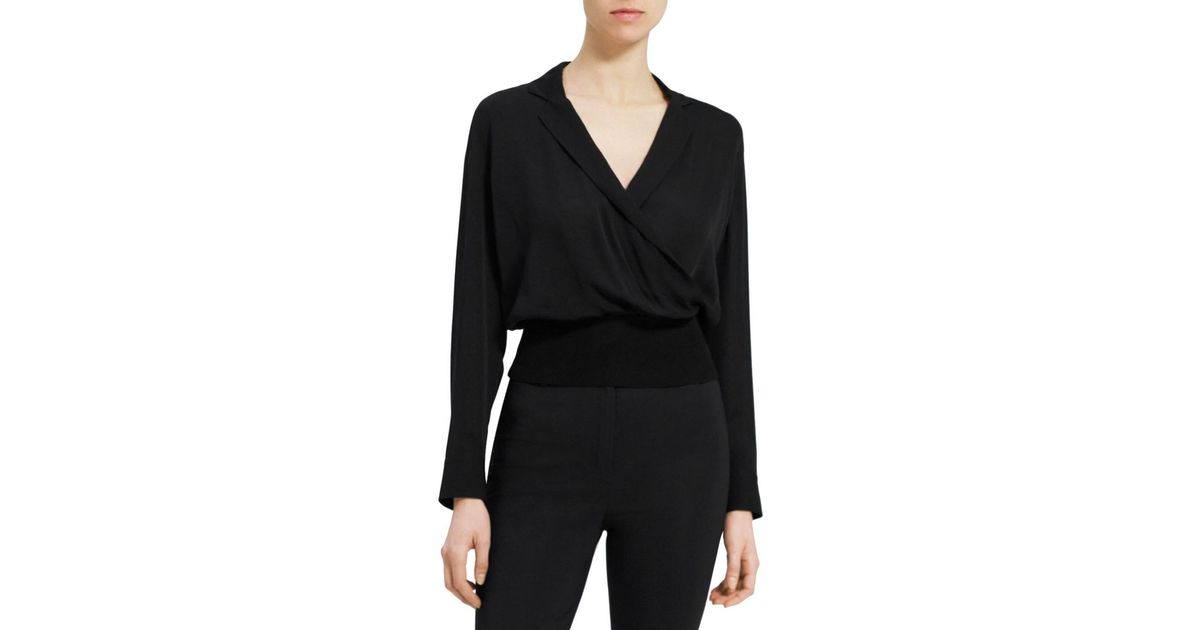 Theory Silk Long Sleeve Collared Top in Black | Lyst