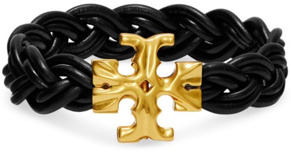 Tory Burch Fisherman Logo Clasp Braided Leather Flex Bracelet In 18k