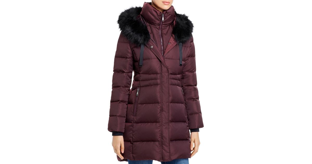 tahari faux fur trim hooded bib zip puffer jacket