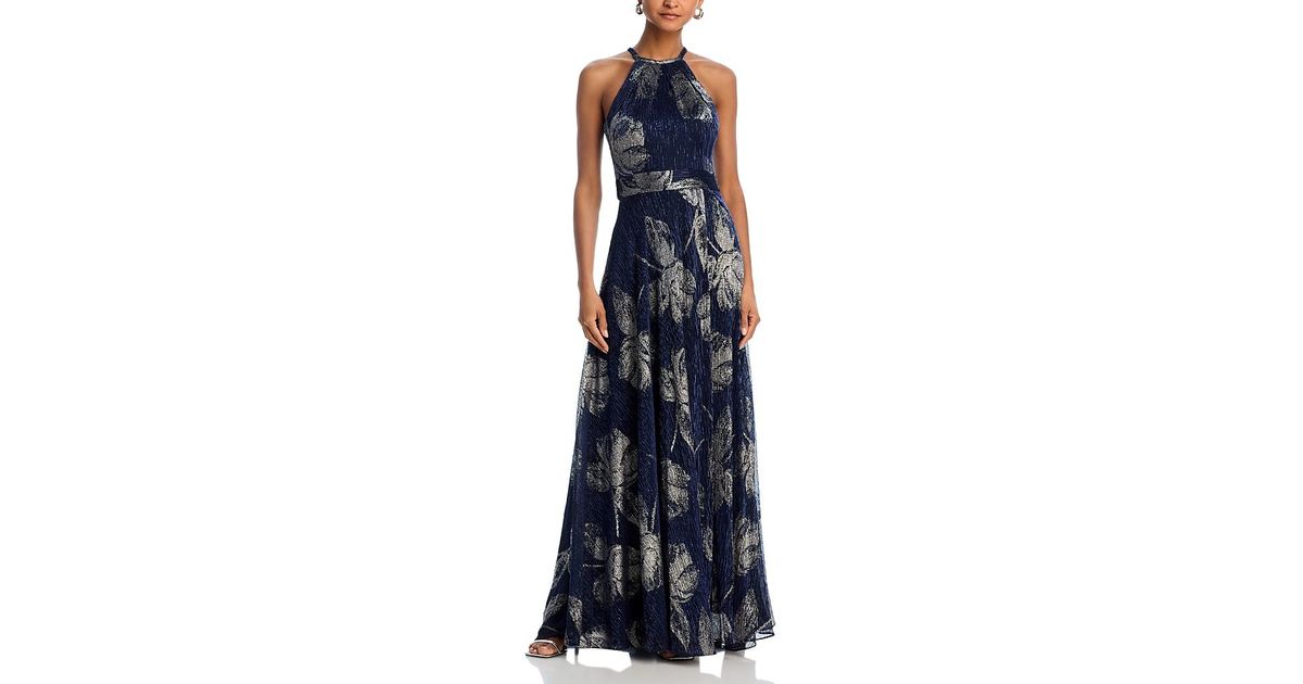 Aqua Floral Print Foil Halter Gown in Blue Lyst