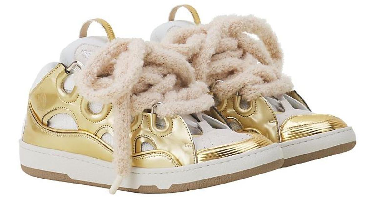 Lanvin Mens  Curb Metallic  Gold Leather Sneakers With Mesh Laces Men main image 4