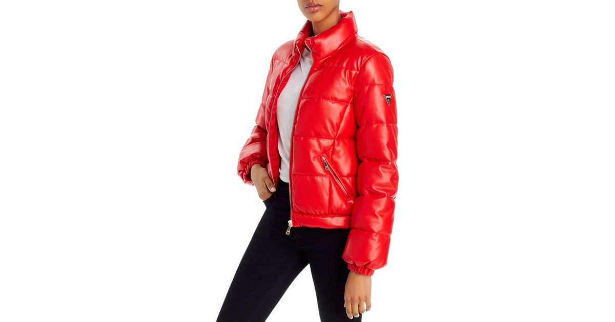 Guess Valetta Faux Leather Puffer Jacket in Red - Lyst
