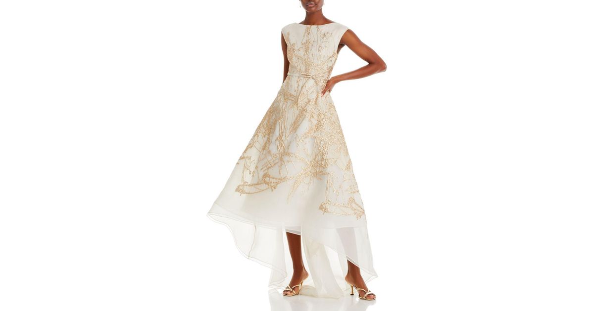 Teri Jon Metallic Jacquard Organza High Low Gown in Natural Lyst