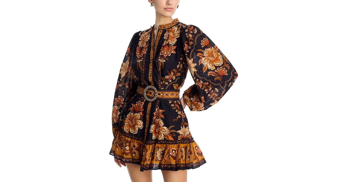 black majestic garden beaded buckle long sleeve mini dress FARM Rio in Brown Color:Black Nude