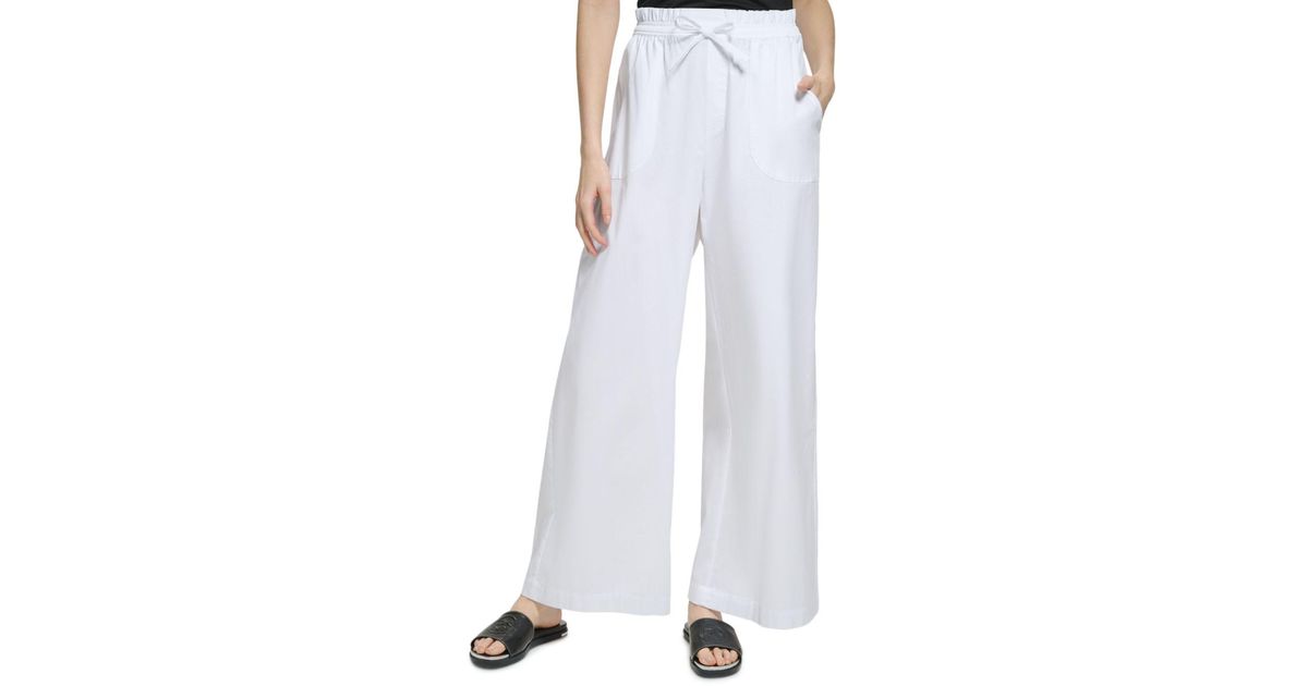 DKNY Cotton Blend Pull On Wide Leg Pants in White | Lyst