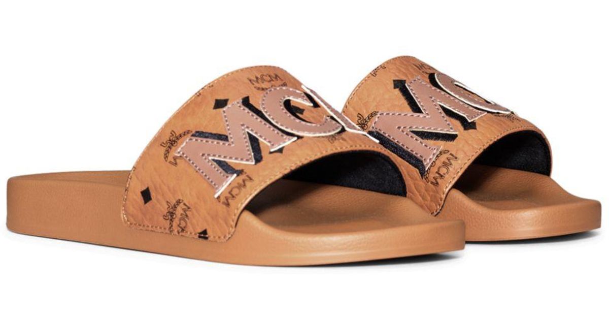 MCM Synthetic Visetos Logo Patch Slide Sandals in Cognac (Brown) | Lyst