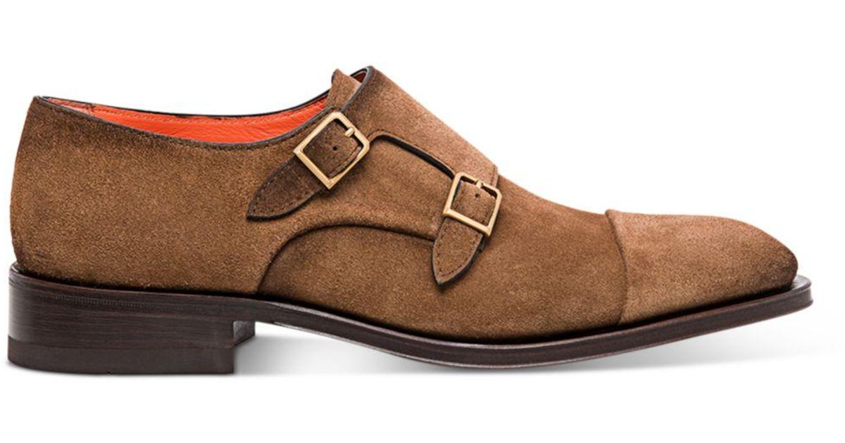 Santoni Suede Divot Double Monk Strap Cap Toe Dress Shoes in Brown for