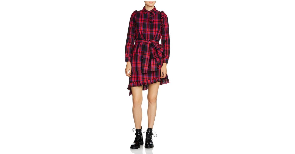 maje asymmetric plaid shirt dress