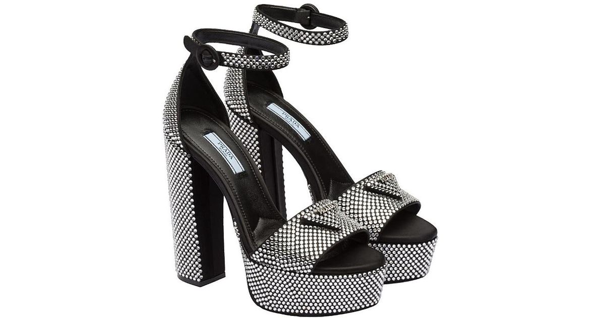 Prada Satin Platform Sandals With Crystals in Black | Lyst