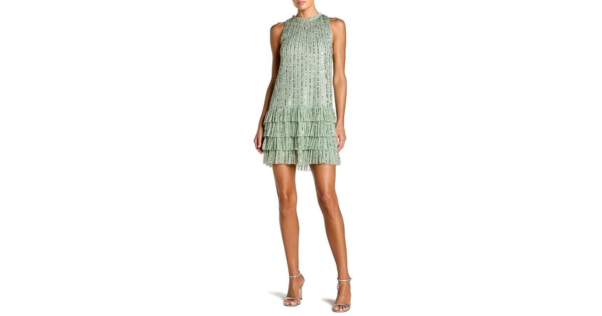 Mac Duggal Sleeveless Striped Sequin Tiered Ruffle Mini Dress in Green ...