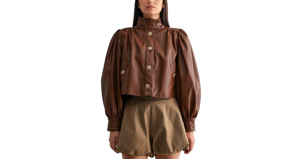 Capable Mable Luvee Mable Faux Leather Puff Sleeve Jacket in Brown | Lyst
