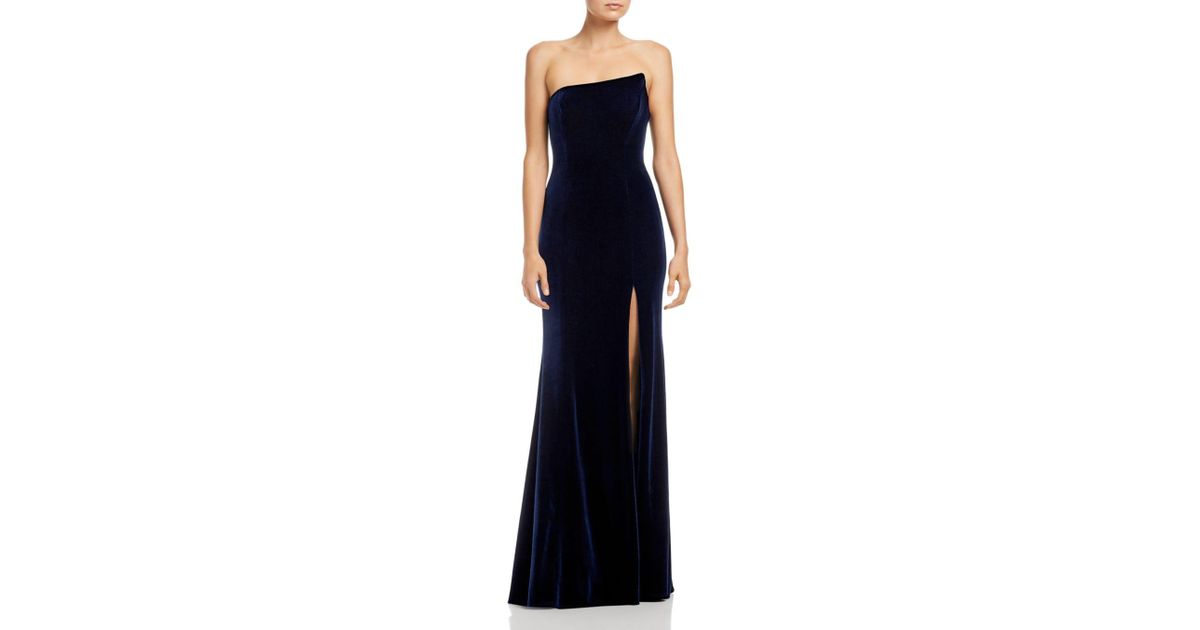 aqua asymmetric strapless velvet gown