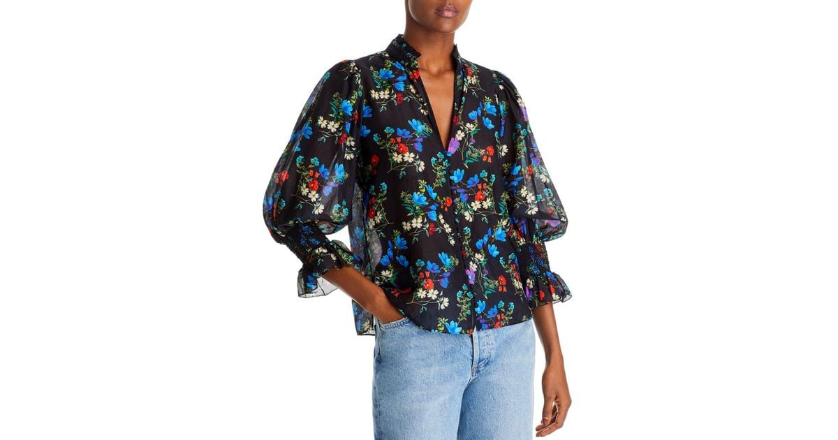 Alice + Olivia Cotton Ilan Floral Smocked Sleeve Top in Blue | Lyst Canada