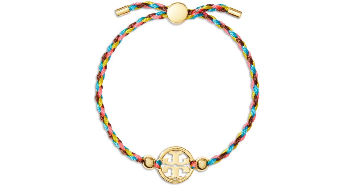Tory Burch Miller Logo Charm Braided Cord Slider Bracelet In 18k Gold