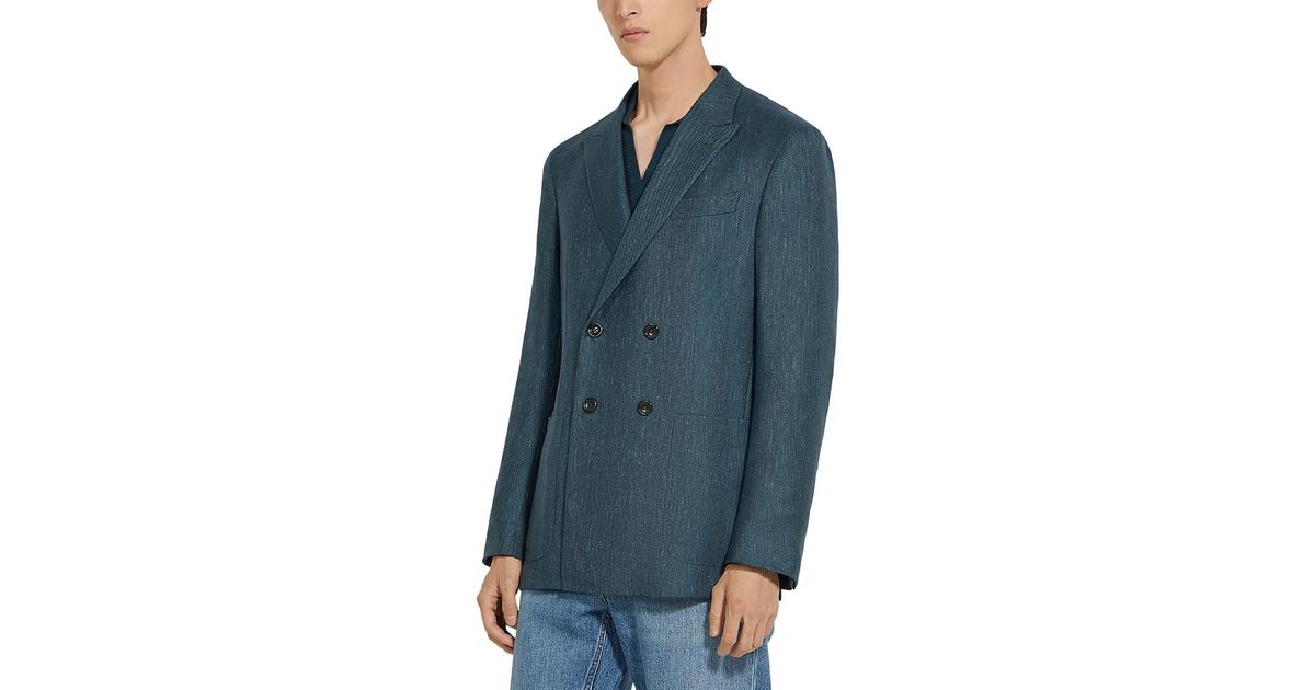 ZEGNA Double Breasted Peak Lapel Jacket in Blue for Men | Lyst