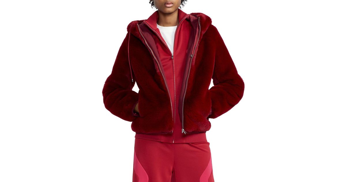 red faux fur hooded jacket