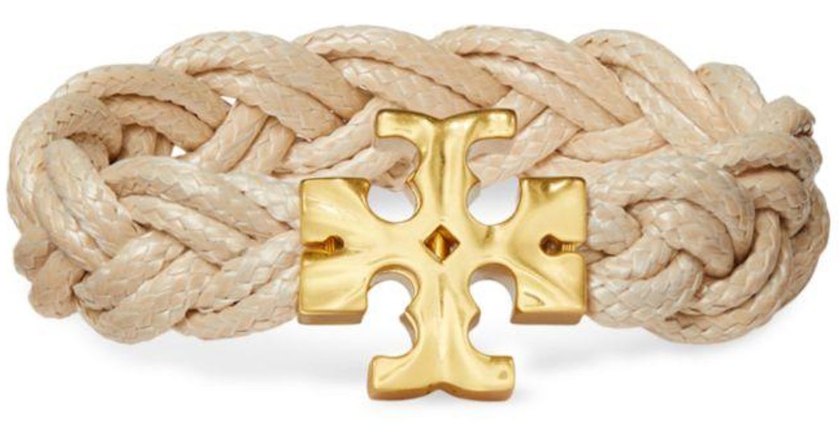 Tory Burch Fisherman Logo Clasp Braided Leather Flex Bracelet In 18k