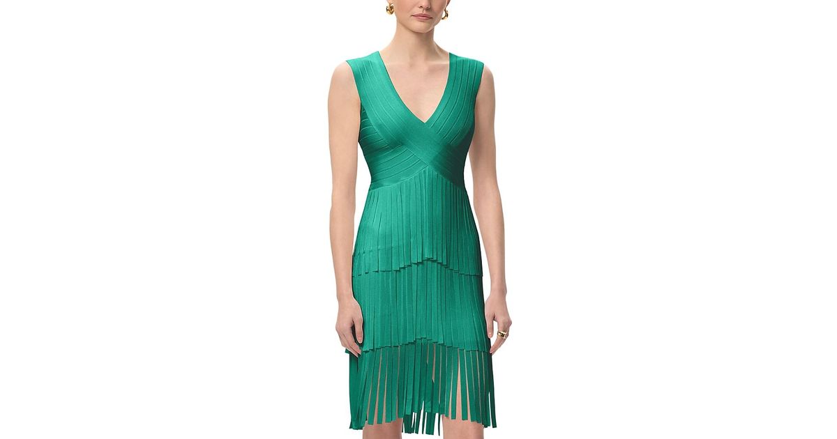 Herv Lger V Neck Gracie Midi Fringed Dress in Green | Lyst Herv Lger V Neck Gracie Midi Fringed Dress in Green | Lyst