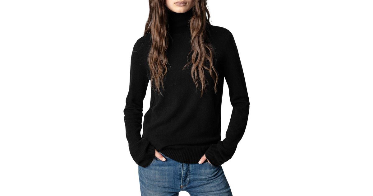 Zadig & Voltaire Ginni Leather Patch Turtleneck Sweater in Black | Lyst