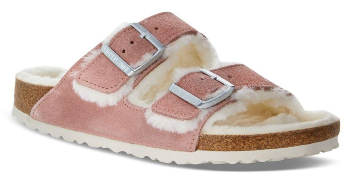Birkenstock Leather Arizona Shearling Sandals in Pink Clay/Natural
