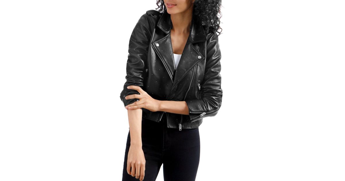 Lucky Brand Black Studded Leather Moto Jacket