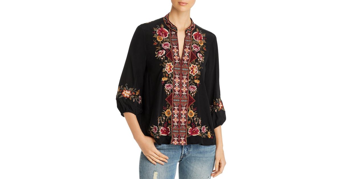 Johnny Was Nepal Embroidered Silk Peasant Blouse in Black - Lyst
