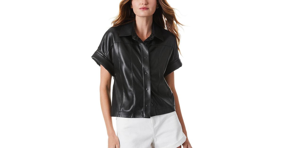 Alice + Olivia Edyth Faux Leather Shirt in Black | Lyst