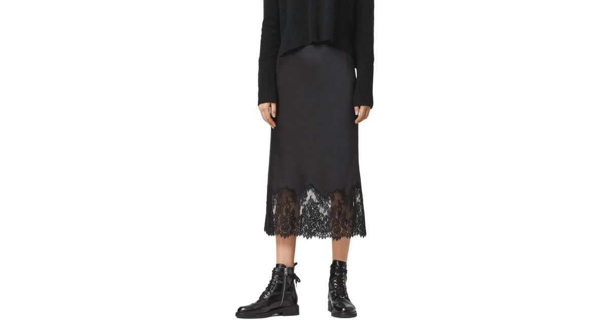 AllSaints Bridgette Lace - Trim Satin Slip Skirt in Black | Lyst