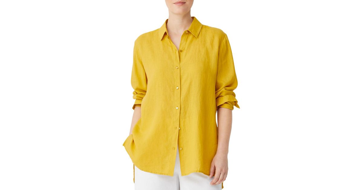 Eileen Fisher Petites Classic Collar Linen Shirt in Yellow Lyst