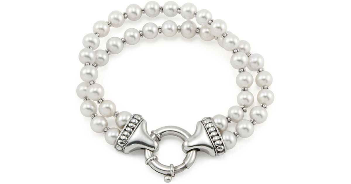 Lagos Luna Pearl Double-strand Bracelet, 7mm in White/Silver (Metallic ...
