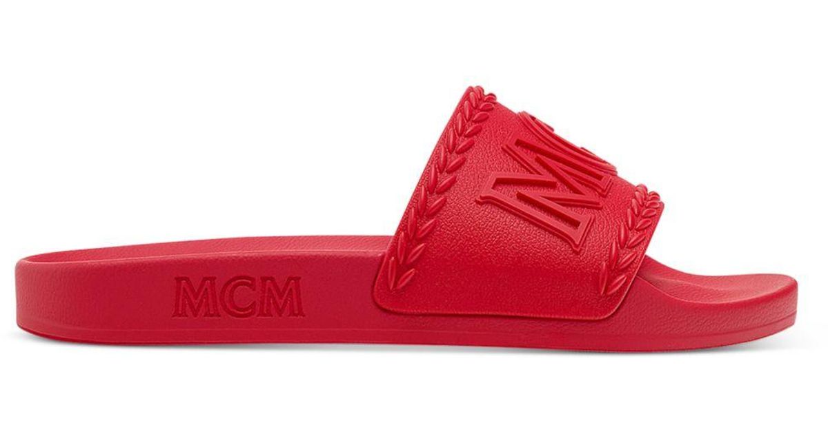 MCM Embossed Logo Slide Sandals in Red - Lyst