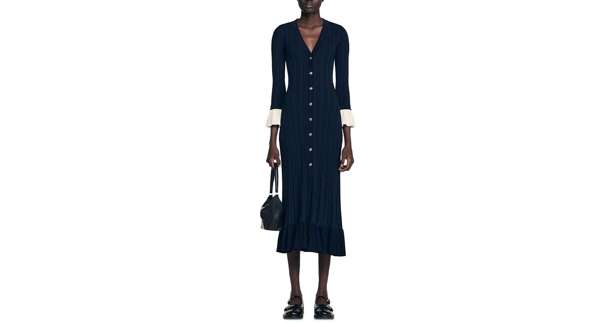 Sandro Two Tone Knit Maxi Dress in Blue