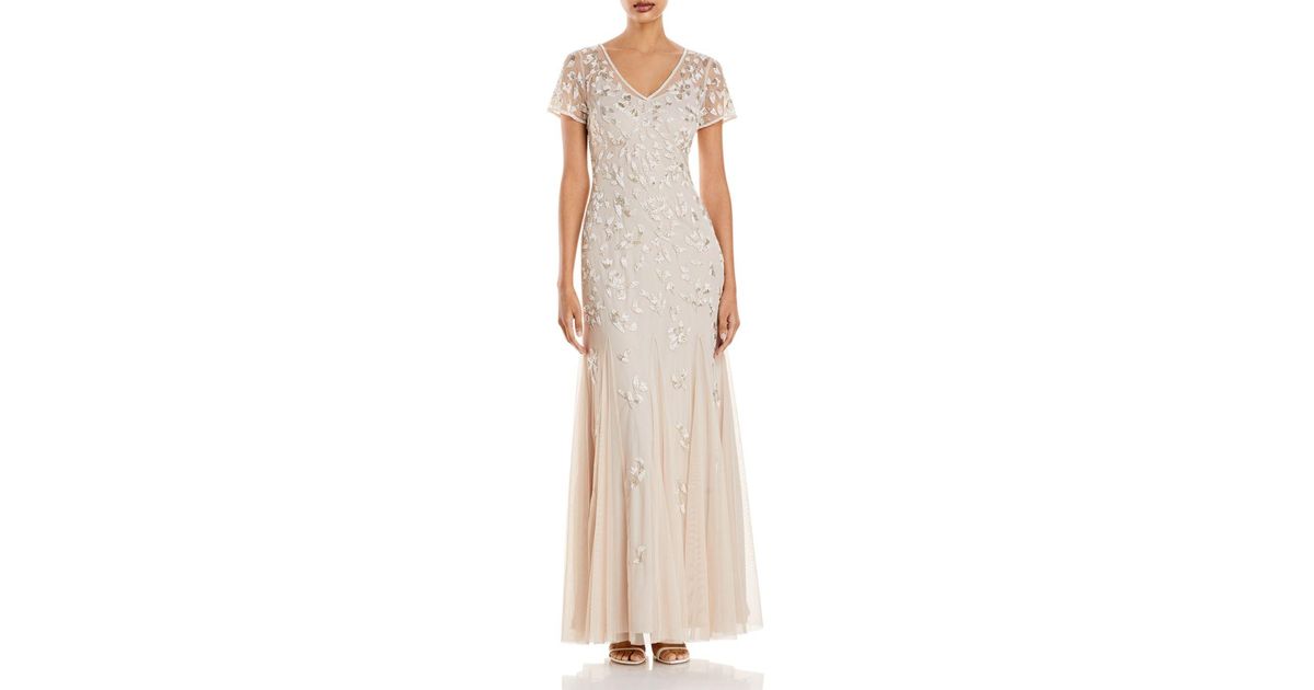 beaded gown with godets in biscotti