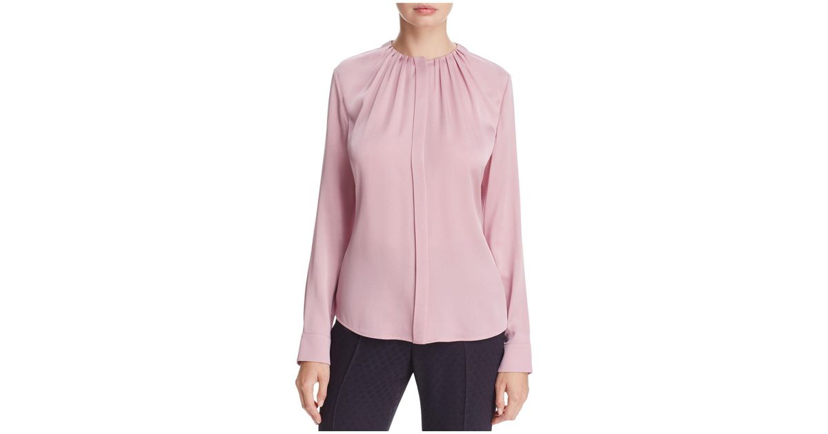 BOSS by HUGO BOSS Banora Pleat Neck Silk Blouse - Lyst