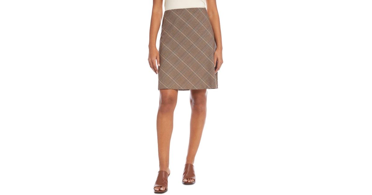 Karen Kane 3L98202 Curved Hem Brown Plaid Skirt w/Faux Leather Trim $109 