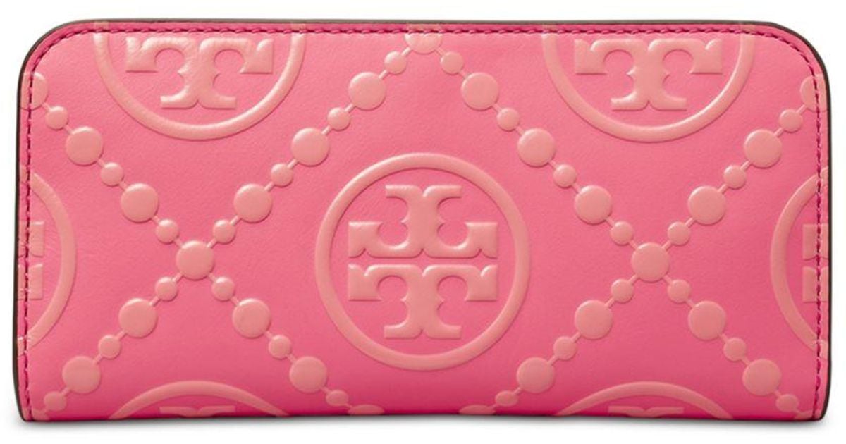 Tory Burch T Monogram Contrast Embossed Leather Slim Wallet in Pink | Lyst