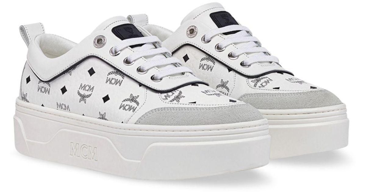 MCM Denim Skyward Monogram Print Platform Sneakers in White | Lyst