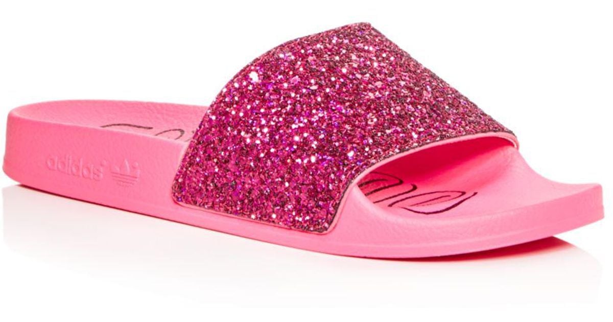 pink glitter adidas slides