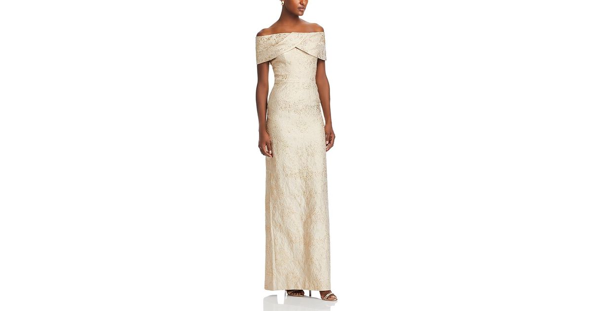 Teri Jon Metallic Off-The-Shoulder Jacquard Gown in Natural | Lyst