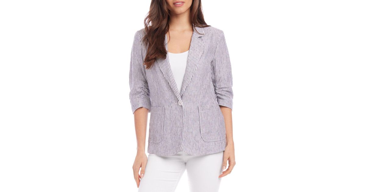 Karen Kane Ruched Sleeve Striped Blazer in Purple | Lyst