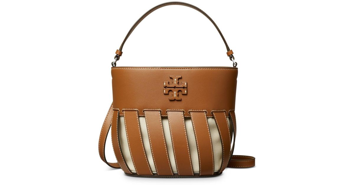 Tory Burch Mcgraw Stripe Die Cut Small Bucket Bag in Brown Lyst