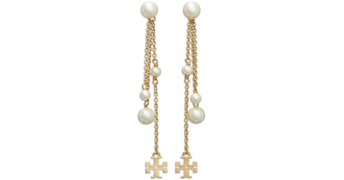 Tory Burch Kira Logo & Imitation Pearl Linear Drop Earrings In 18k Gold