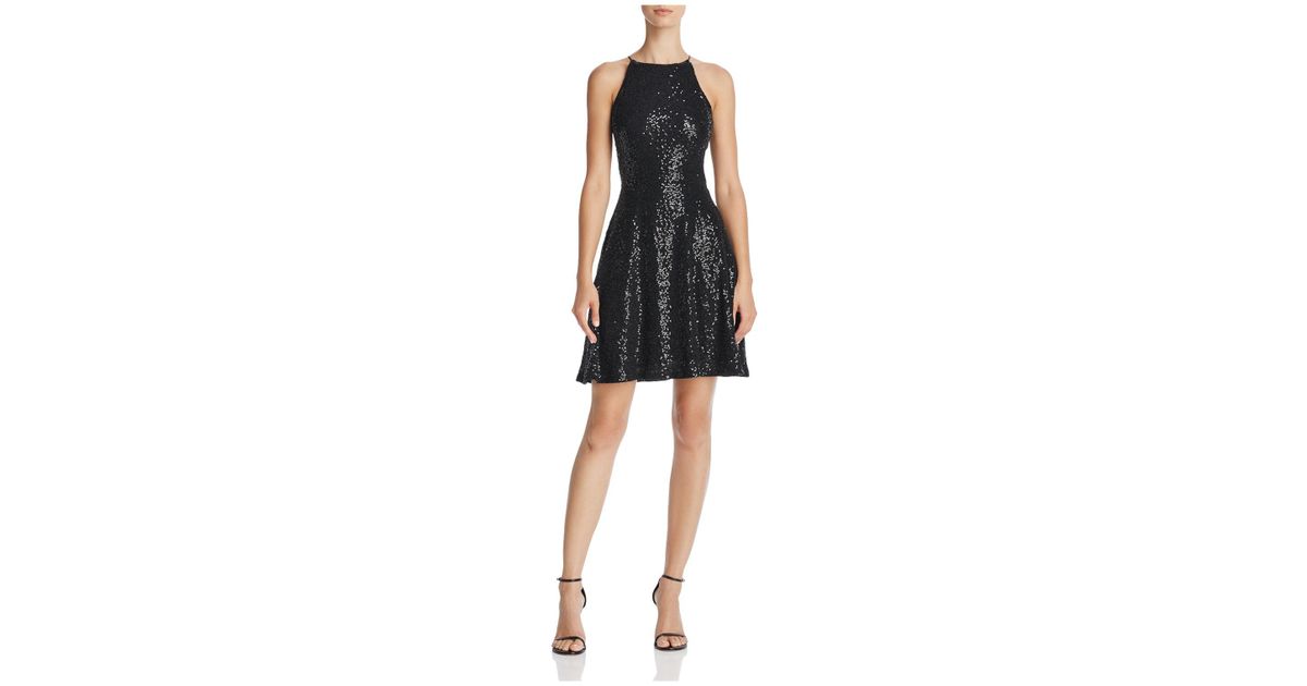 black sequin fit and flare dress