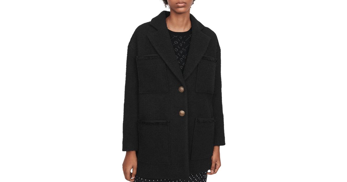 Maje Guilian Tweed Coat in Black | Lyst