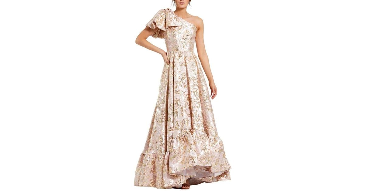 mac duggal one-shoulder bow floral brocade a-line maxi dress One Shoulder High Low Gown With in Pink Color:Black and Red Model is wearing Magenta style_mock neckline 23 Types of Dresses