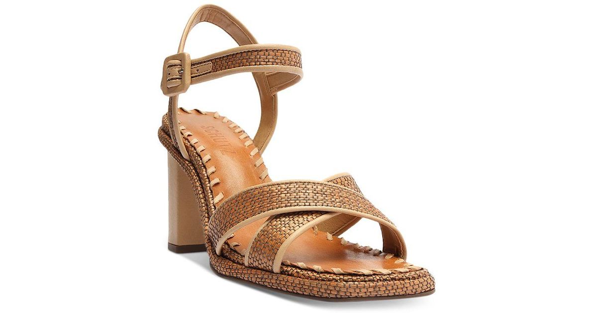 Schutz Leather Alita Woven Raffia High Block Heel Sandals - Lyst