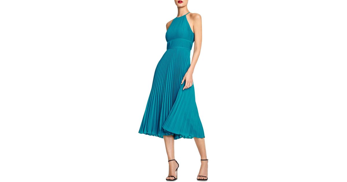 Aidan By Aidan Mattox Synthetic Pleated Halter Midi Dress in Twilight Teal (Blue) | Lyst