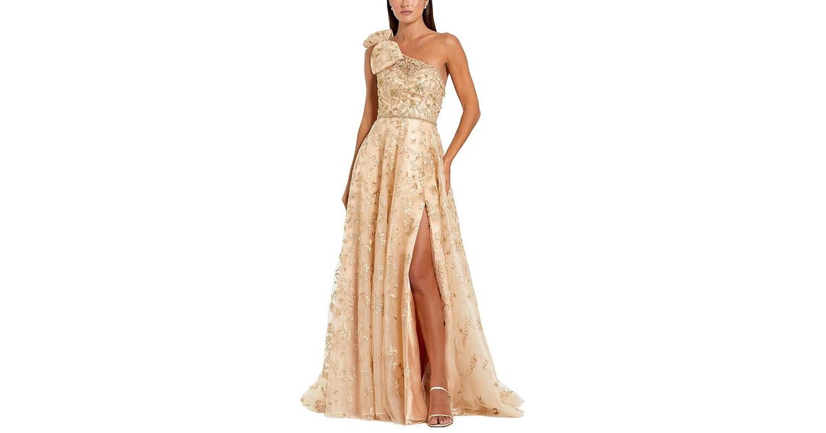 Mac Duggal Embellished Bow One Shoulder A-Line Gown in Natural | Lyst