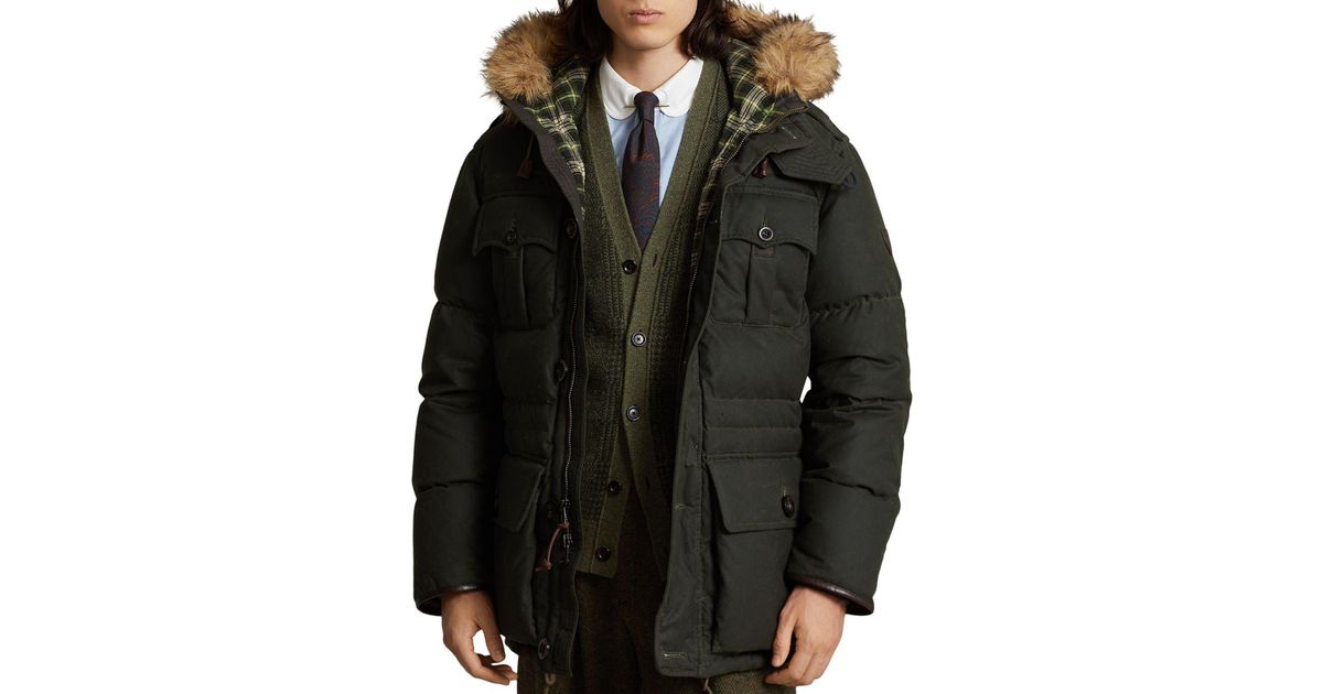 Polo Ralph Lauren Oilcloth Faux Fur Trimmed Down Parka in Black for Men ...